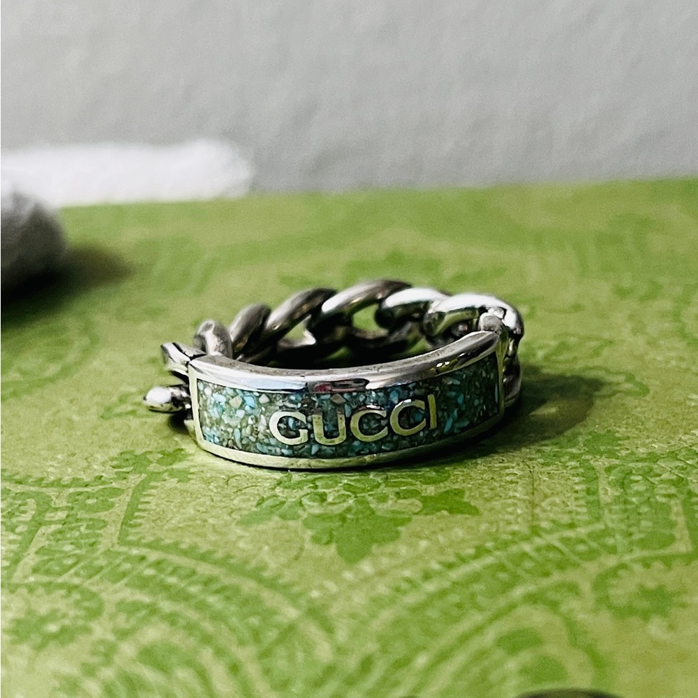 Brand New Gucci Sterling Silver Howlite Enamel Chain Ring - Size 23 US XL 10.25 - Picture 2 of 10